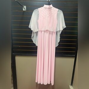 Vintage Pink Maxi Dress Sheer Cape Beaded Formal Gown XS Prom Bridal